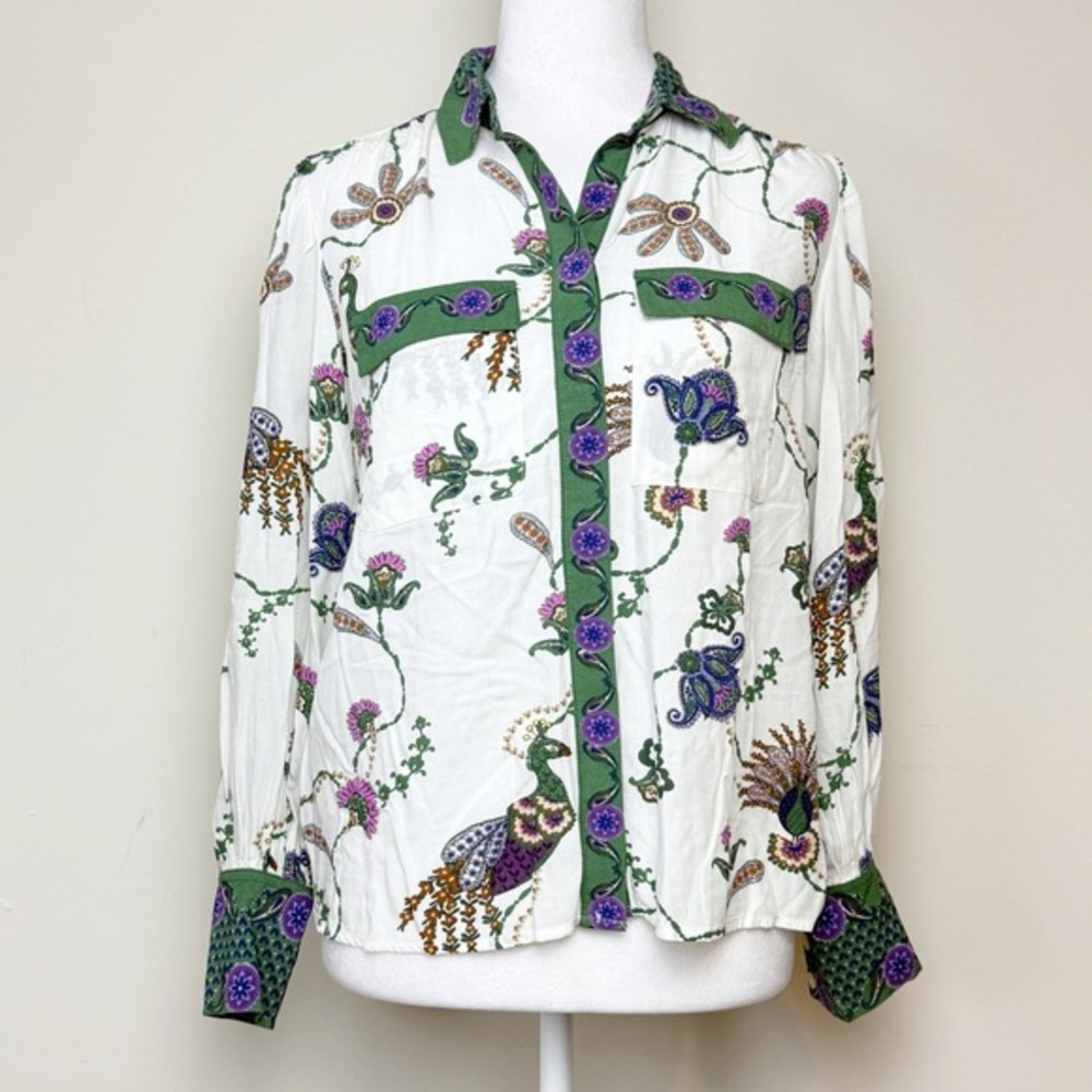 LOFT Peacock Print Button Down Blouse Size XXS Women White Green Floral 37302122